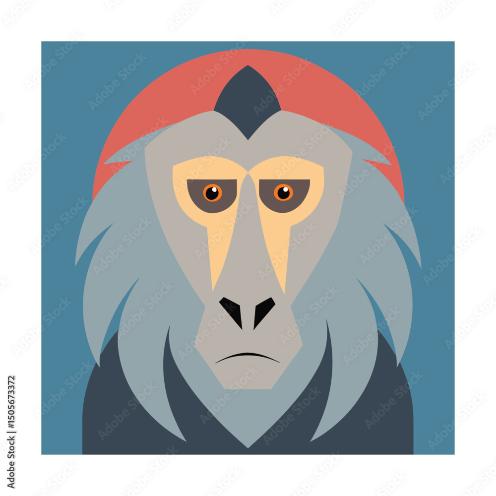 Stylized portrait of a mandrill monkey in geometric flat design with blue and red elements