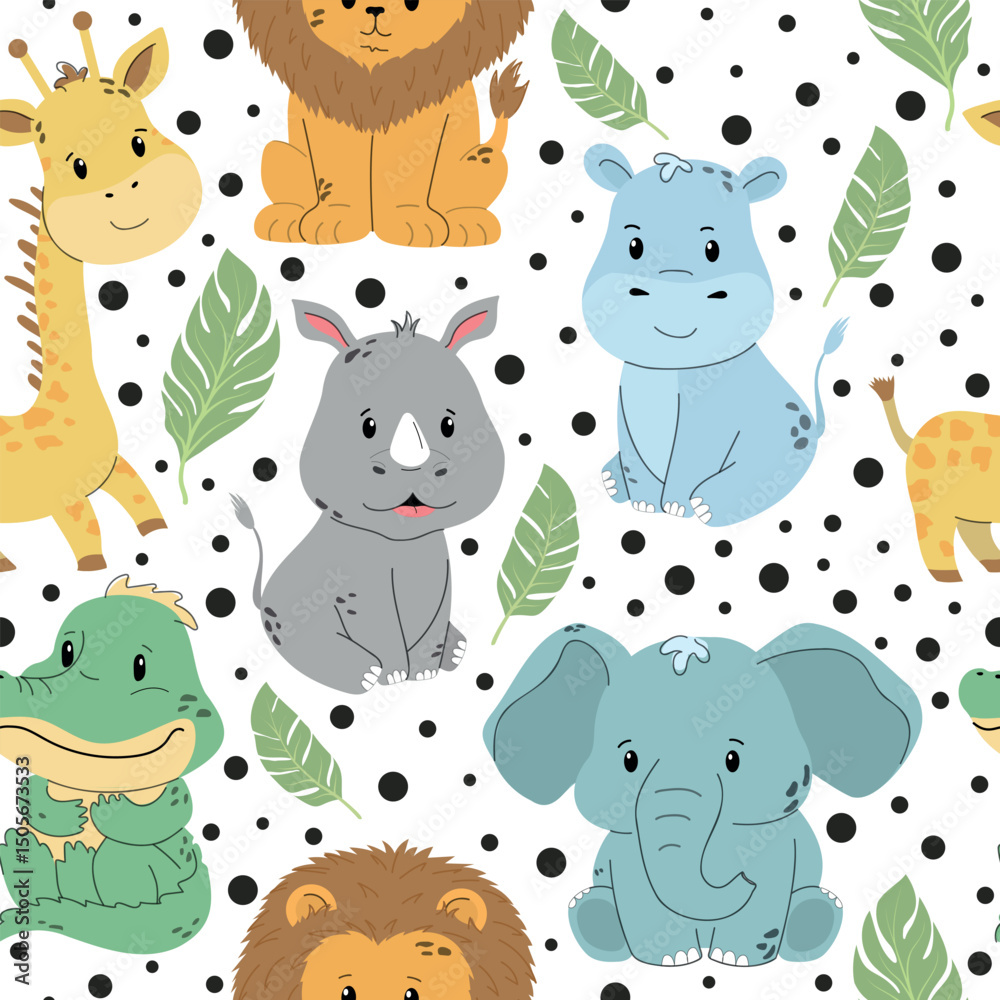 Naklejka premium Safari children’s animals seamless pattern. Cute vector illustration with crocodile, rhinoceros, elephant, giraffe, lion, hippo