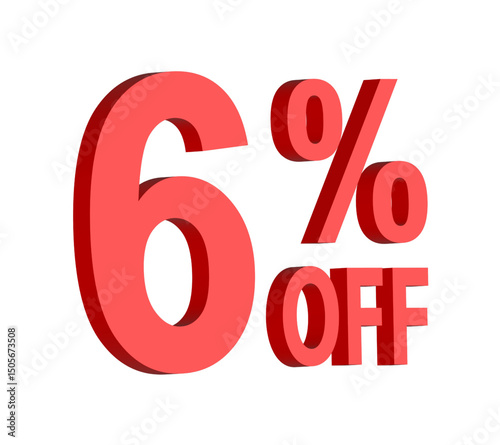 6 percent off discount text graphic in bold red 3D letters, for promotional sale banner icon, coupons, and special offers, marketing design element, boosting savings and shopping deals	
