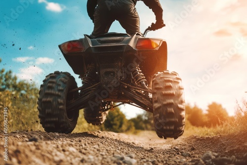 Man jumping ATV vehicle on offroad track during extreme tour