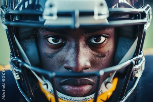 Portrait of intense American football player in helmet