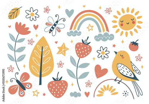 Autumn floral seamless pattern with leaves, flowers, and butterflies