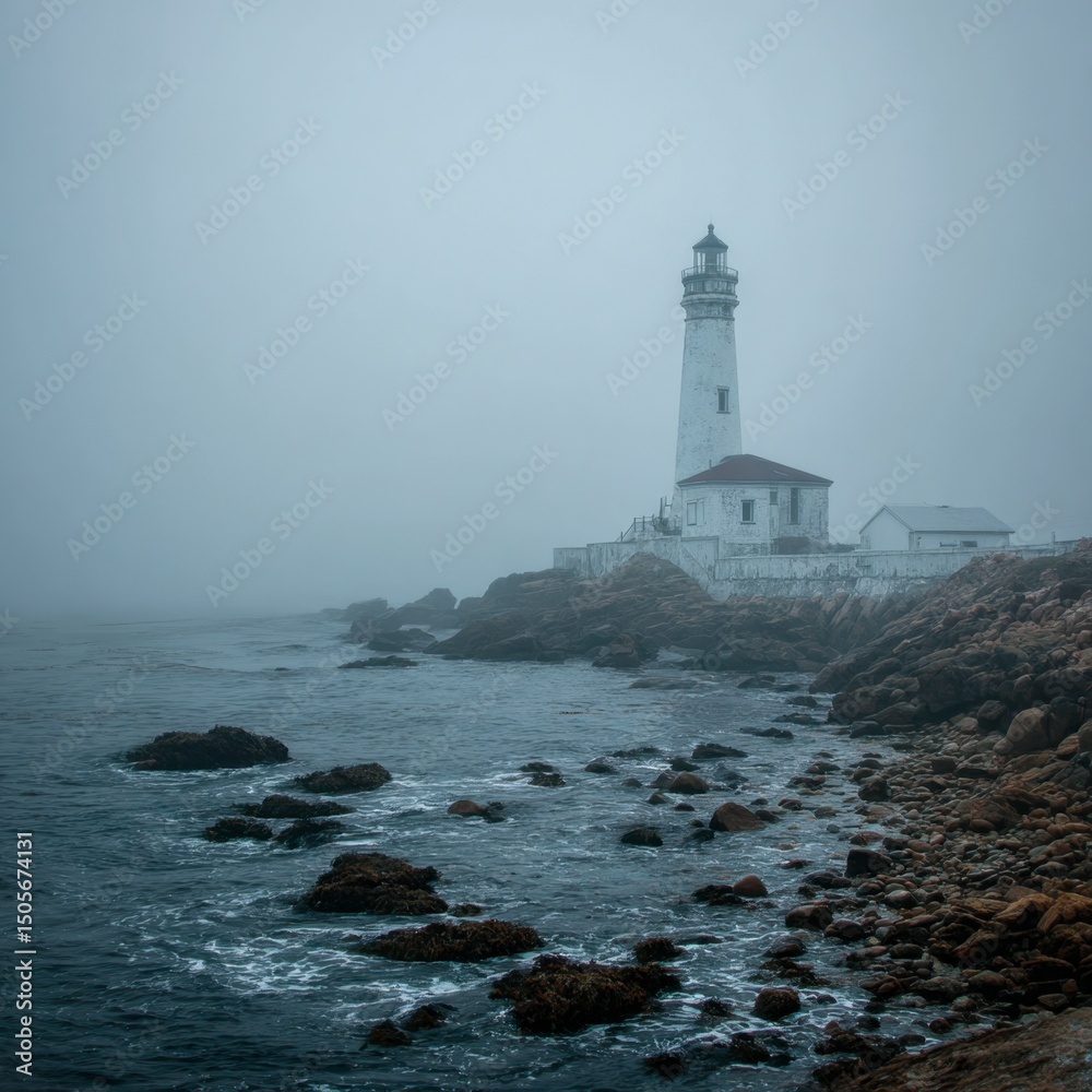 Foggy coastal scene with lighthouse Foggy coastal scene with lighthouse