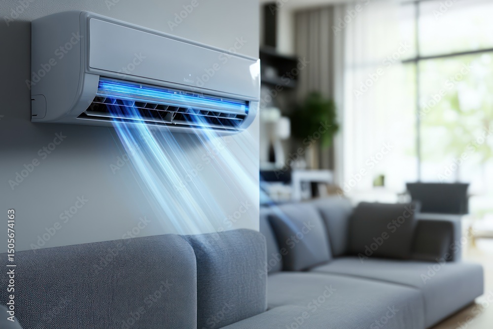 Fototapeta premium Split air conditioner on wall with airflow visual in living room