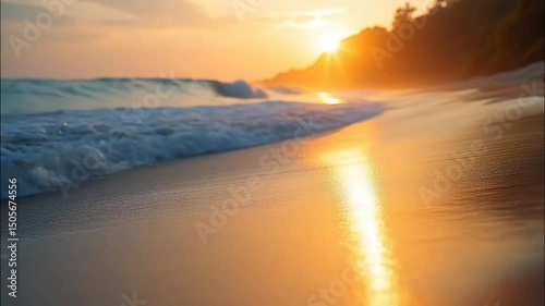 Foamy ocean waves gently washing the sandy beach during warm tropical sunset with golden light. Seamless looping 4K time-lapse animation video background