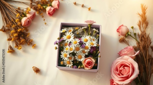 Elegant White Mixed Flowers Bouquet in a Square Box, Top View