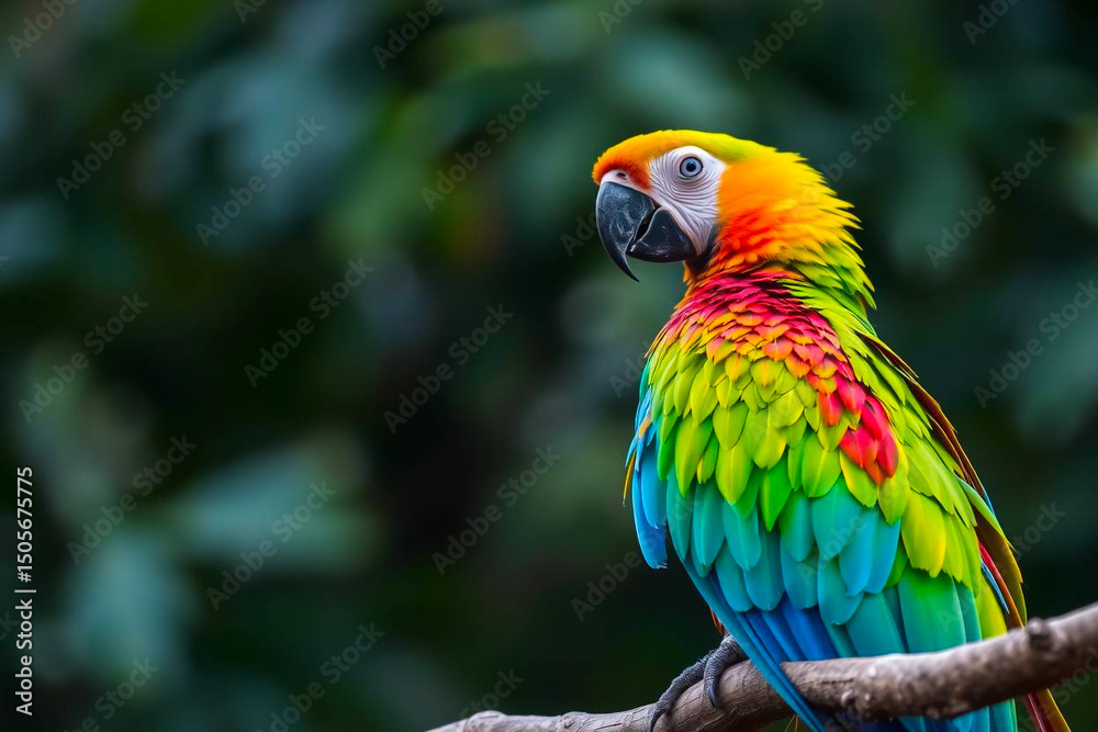 Obraz premium Magnificent Green-Winged Macaw Perched on a Tree Branch, Displaying Its Vivid Red, Green, and Blue Plumage in a Tropical Setting, Vibrant Wallpaper