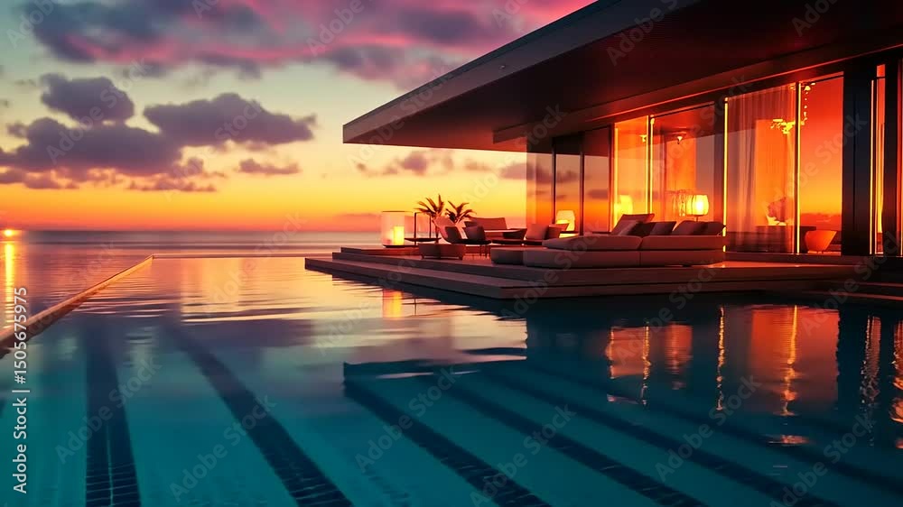 Luxurious modern villa with infinity pool at sunset, reflecting vibrant colors and serene ocean