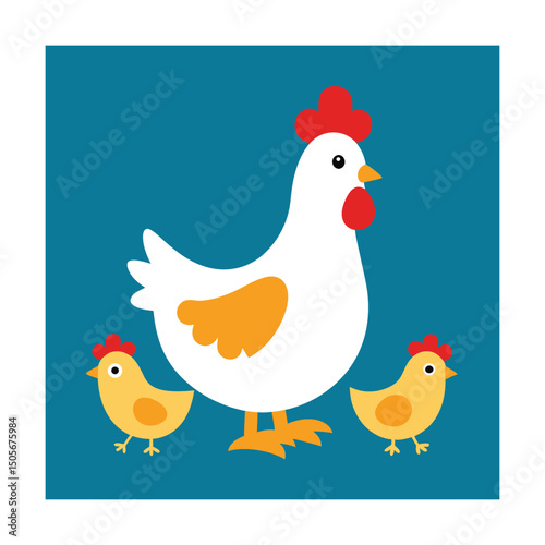 Adorable cartoon illustration of a mother hen and two baby chicks against a blue background