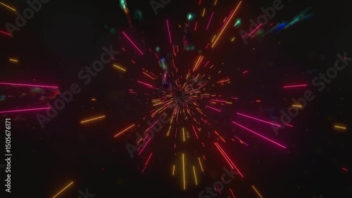 Neon Light Speed Burst Futuristic Tunnel Animation ibrant neon lights streak through a dark tunnel, simulating high-speed travel through space or data streams. Ideal for sci-fi intros, tech transition