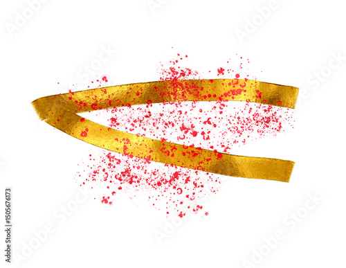 Isolated red splatter over metallic gold ribbons