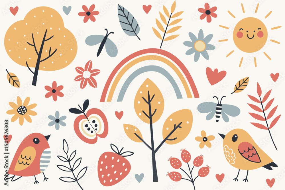 Obraz premium Vector seamless pattern with cartoon birds, flowers, and butterflies for a spring or summer nature design