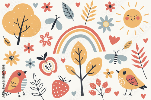 Vector seamless pattern with cartoon birds, flowers, and butterflies for a spring or summer nature design
