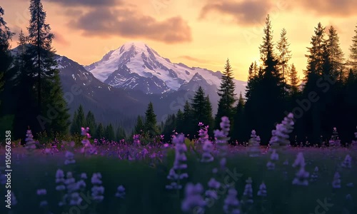 Snow-capped mountain at sunrise with vibrant wildflowers and pine trees in the foreground creating a serene alpine scene.
