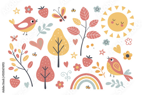 Seamless vector pattern with cartoon birds, flowers, and butterflies for a delightful nature-inspired design
