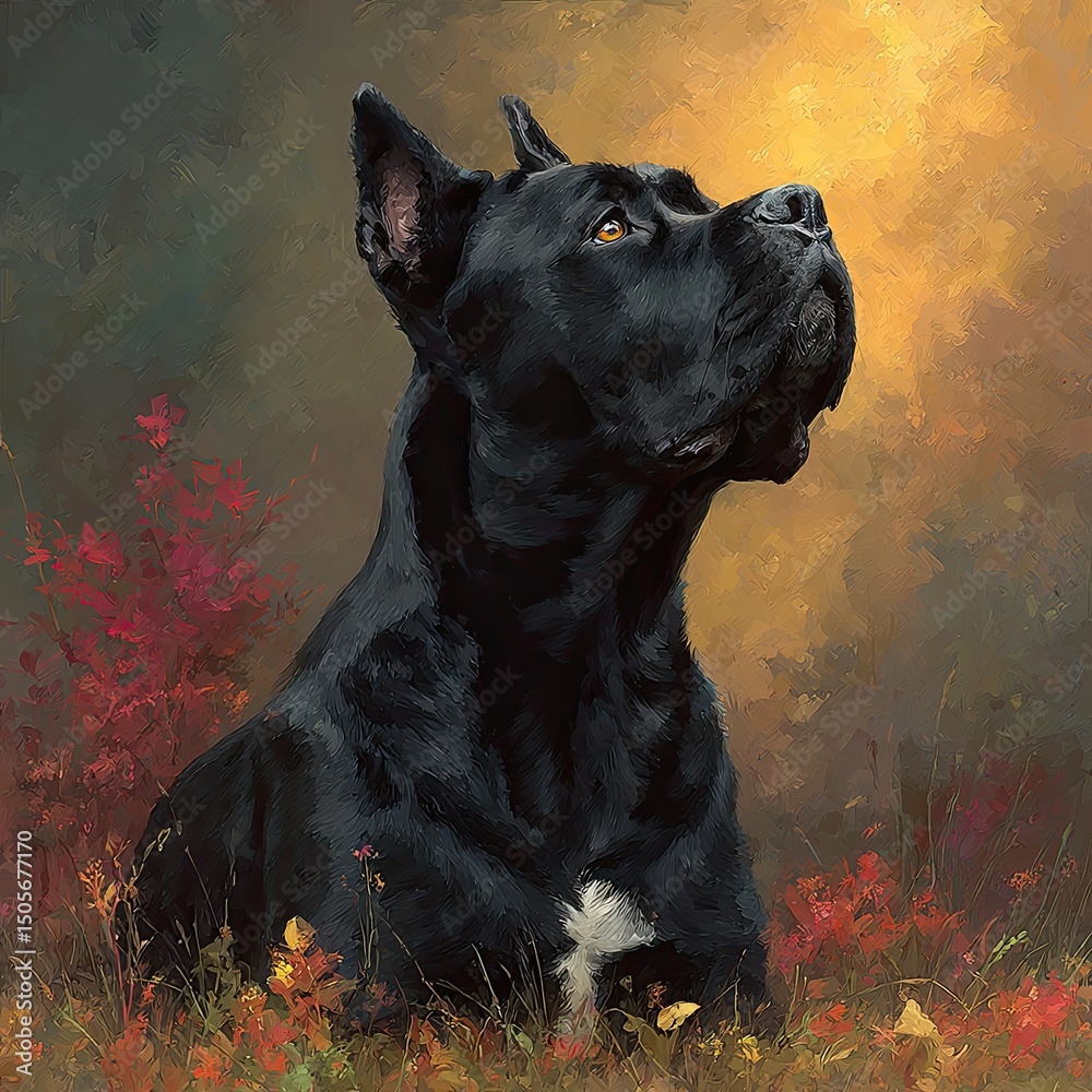 Obraz premium Black Cane Corso in autumn Italian countryside digital painting