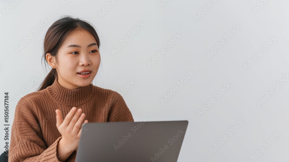 Young woman speaking while working on laptop at home. Remote communication and business concept.
Young woman speaking while working on laptop at home. Remote communication and business concept.