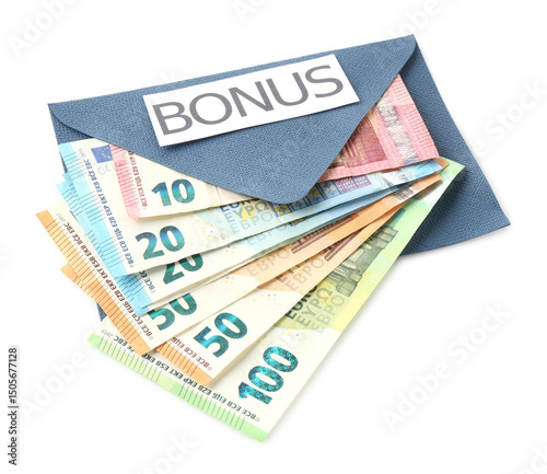 Envelope with word Bonus and euro banknotes isolated on white