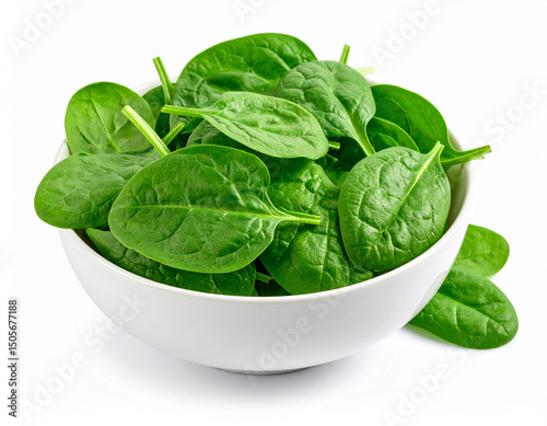 a bowl of fresh spinach isolated on a white background
