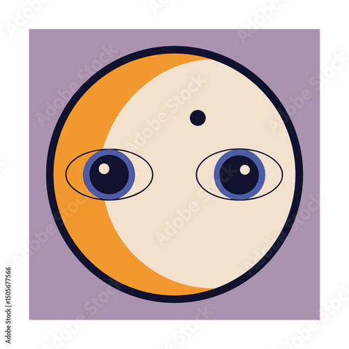 Retro minimalist illustration featuring a moon-shaped face with eyes and a simple design
