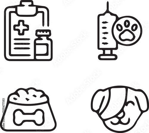 Pet Health Outline Icons: Pet health outline icons representing medical record, pet treatment, nutrition and an ill animal.
