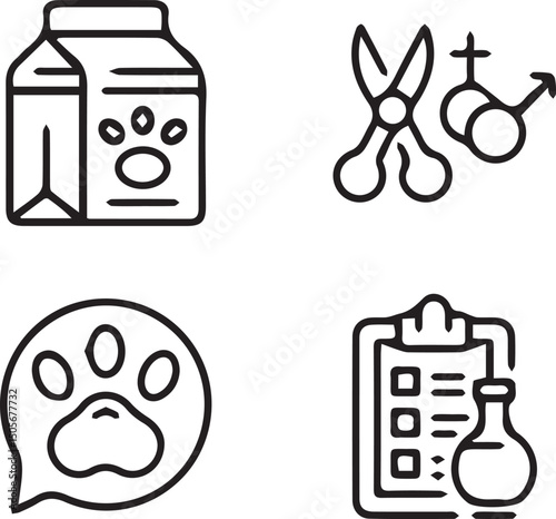 Pet Care Essentials: A curated selection of graphic resources symbolizing pet care, from food packaging and paw prints to surgical tools and test results.