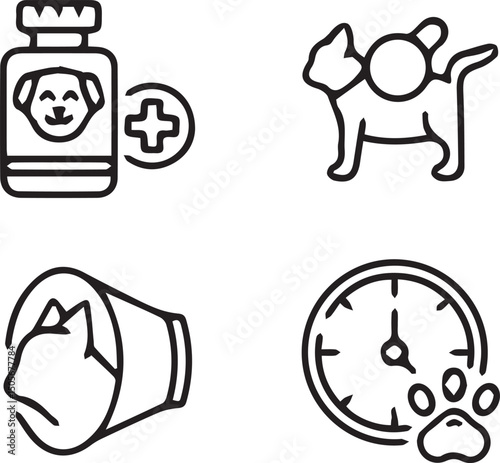 Pet Healthcare Icons: A set of meticulously crafted vector icons representing various aspects of pet healthcare, including medication, veterinary procedures, and monitoring.