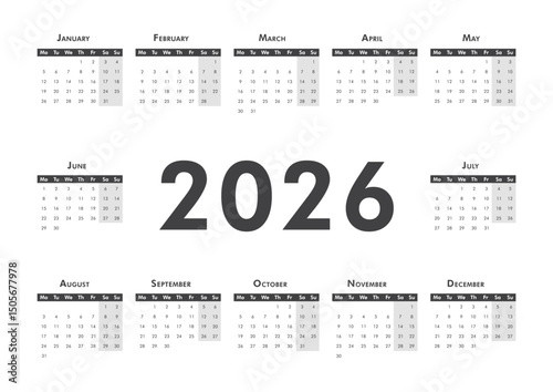 Vector modern horizontal classic calendar for 2026 year. Week starts on Monday. Desk or wall black and white A4 calendar in minimalist style