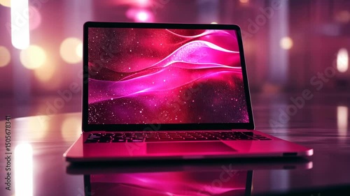 Sleek laptop displaying abstract pink nebula wallpaper on reflective surface