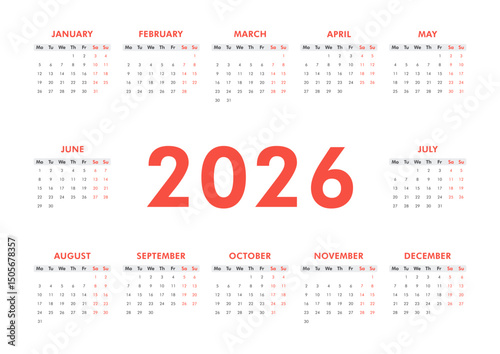 Vector modern classic calendar for 2026 year. Week starts on Monday. Desk or wall horizontal A4 calendar in minimalist style