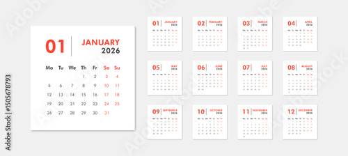 Monthly calendar template for 2026 year. Week starts on Monday. Desk or wall calendar in minimal style