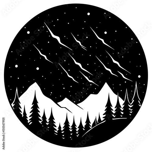 Aurora Borealis Sky with Shimmering Northern Lights Line Art Vector illustration