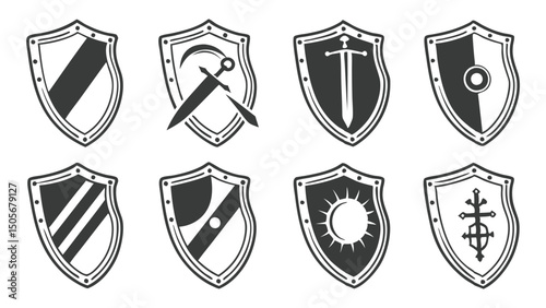 A shiny silver set of medieval shield icons, symbols of protection and security, are perfect vector design elements
