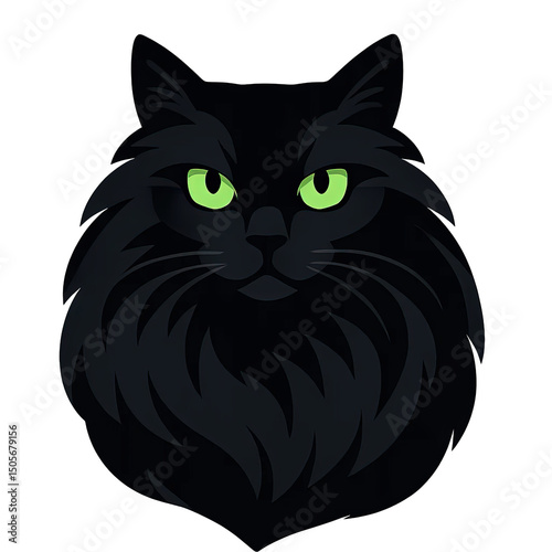 Illustration of a black cat with green eyes in a minimal style  