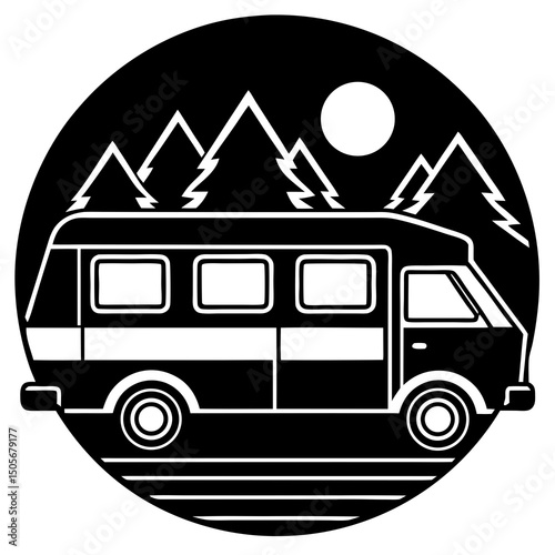 Travel Lifestyle with Camper Van in Nature Scene Line Art Vector illustration