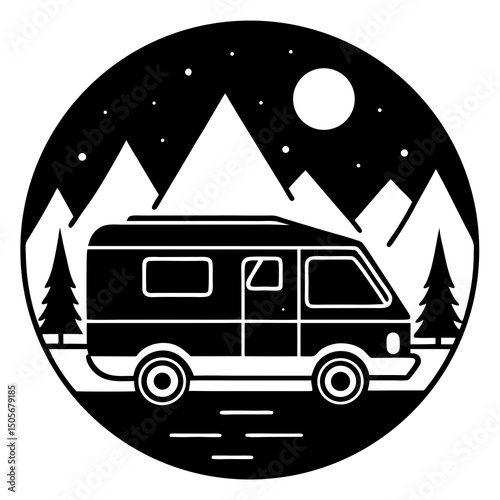 Adventure in Camper Van Surrounded by Wilderness Line Art Vector illustration
