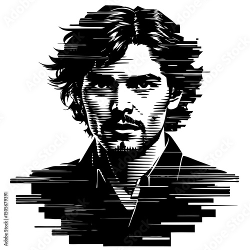 Abstract Glitch Art Faces with Digital Aesthetic Line Art Vector illustration