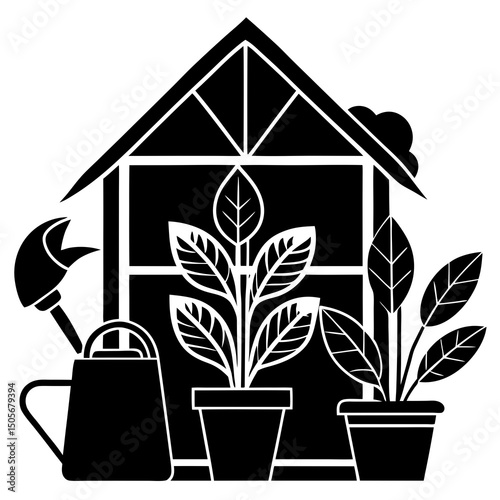 Gardening and Home Plants in Cozy Green Spaces Line Art Vector illustration