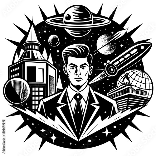 Retro Futurism Collage with Sci Fi and Vintage Elements Line Art Vector illustration