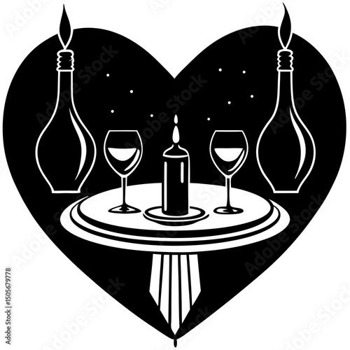 Romantic Dinner Date Celebrating Valentines Evening Line Art Vector illustration
