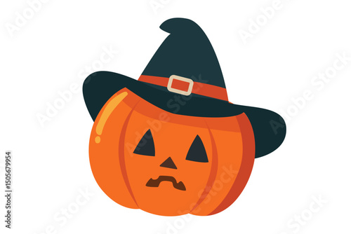 A very cute pumpkin wearing a fun witch hat, making it perfect for Halloweenthemed designs and decorations