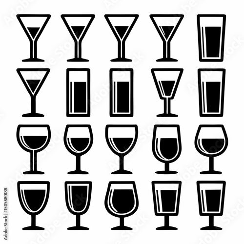 Minimalist Vector Drink Glasses Icon Set.