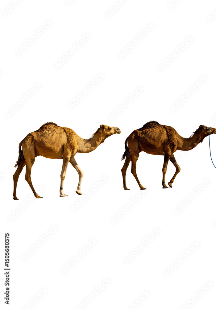 Naklejka premium Isolated PNG Two Brown Camels Animal Walking in Desert Wildlife