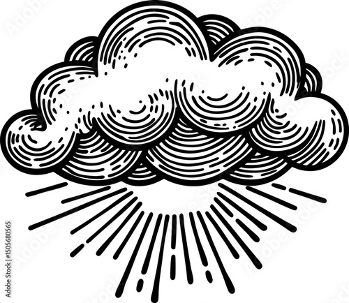 storm cloud with radiating lines in vintage illustration, black and white engraving art