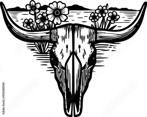 Cow skull with prairie flowers illustration western symbol, rustic nature art, boho decor