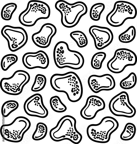 Abstract amoeba patterns in black and white, organic shapes with intricate dotted textures