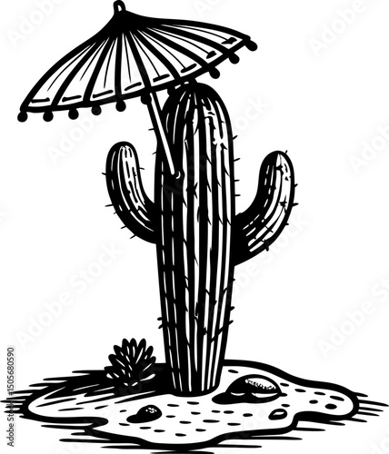 cactus with umbrella in desert oasis quirky nature relaxation scene, arid landscape with shade