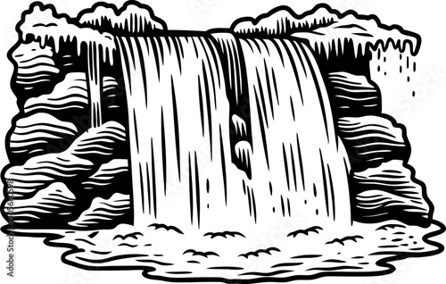 illustrated cascading waterfall in monochrome, natural serenity and tranquil landscape scene
