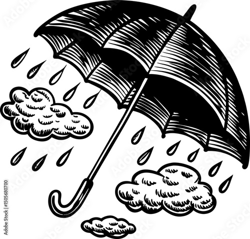 vintage umbrella and rain clouds illustration with raindrops and shaded design in black and white