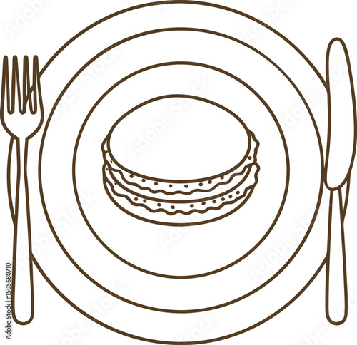 illustrated plate setting with stack of pancakes and cutlery on a table top view